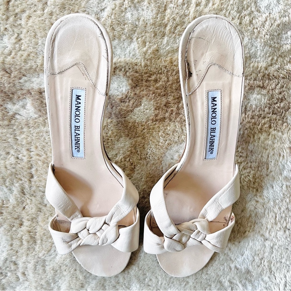 Manolo Blahnik Braided Leather Mule Slide Open Toe Kitten Heel Sandals Sz 37 1/2 - Picture 3 of 15